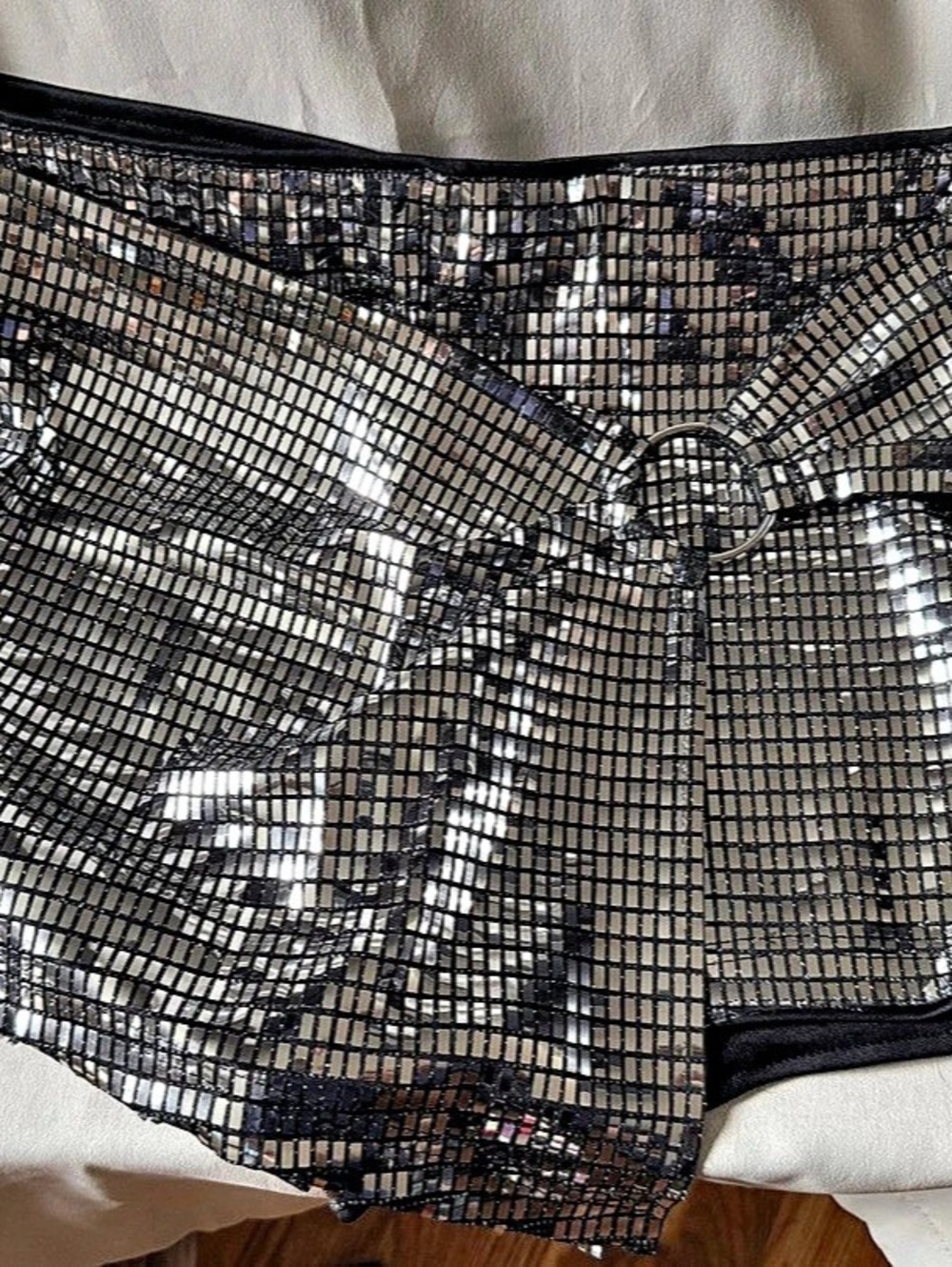 HAUTE Metallic O-Ring Wrap Hem Mini Skort Black & Silver Small